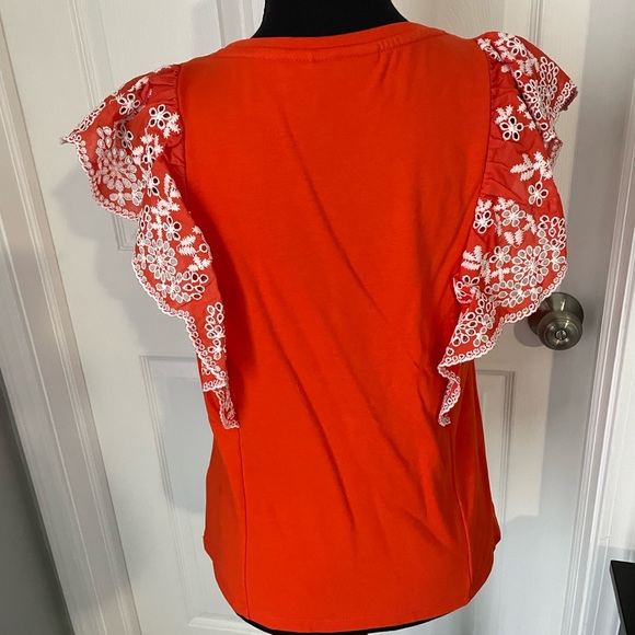 Anthropologie orange/ white embroidered ruffle sleeveless top in S - Picture 4 of 7